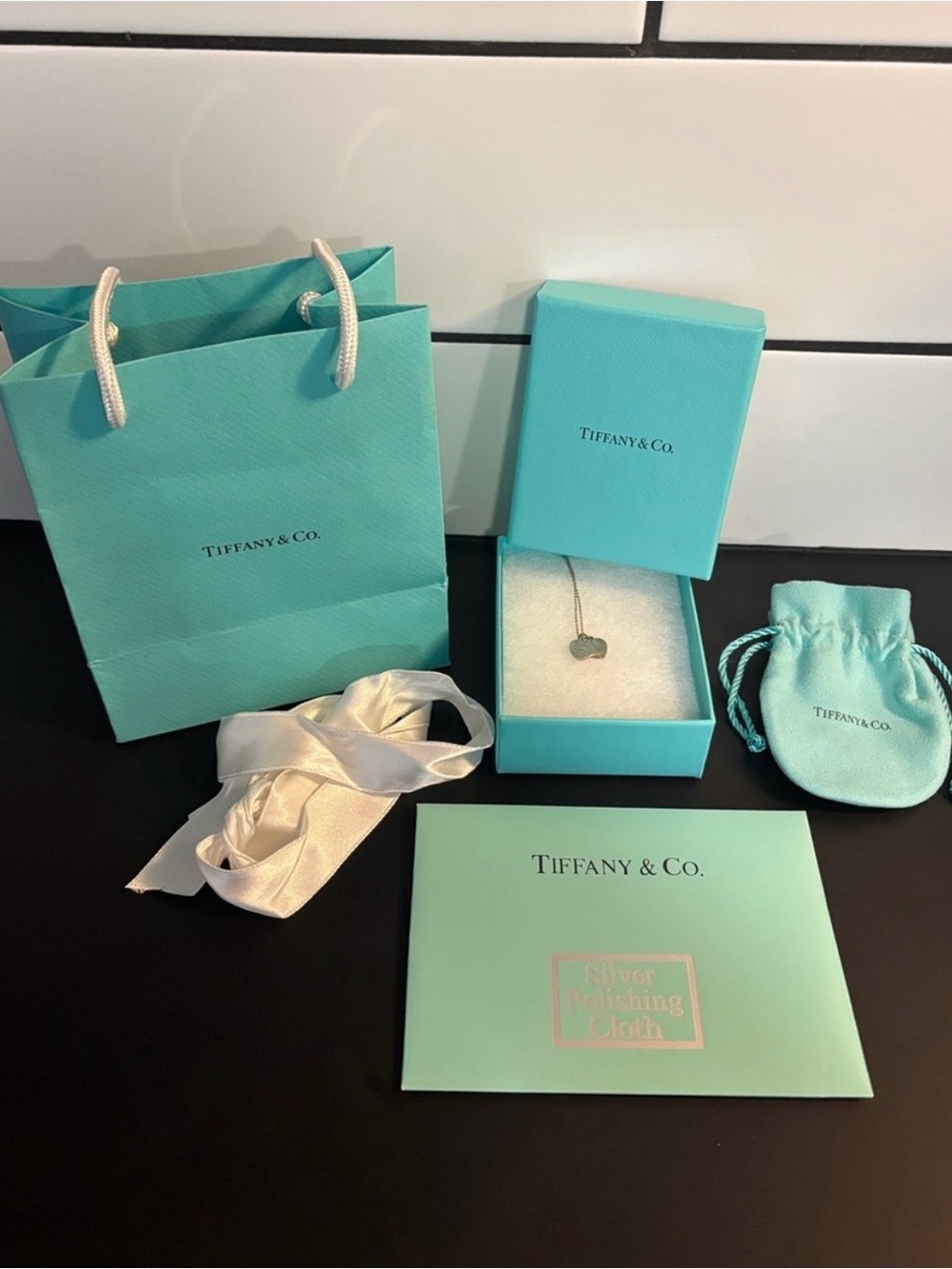 Tiffany & Co. Silver Double Hearts Tag Necklace & Cleaning Cloth NWT